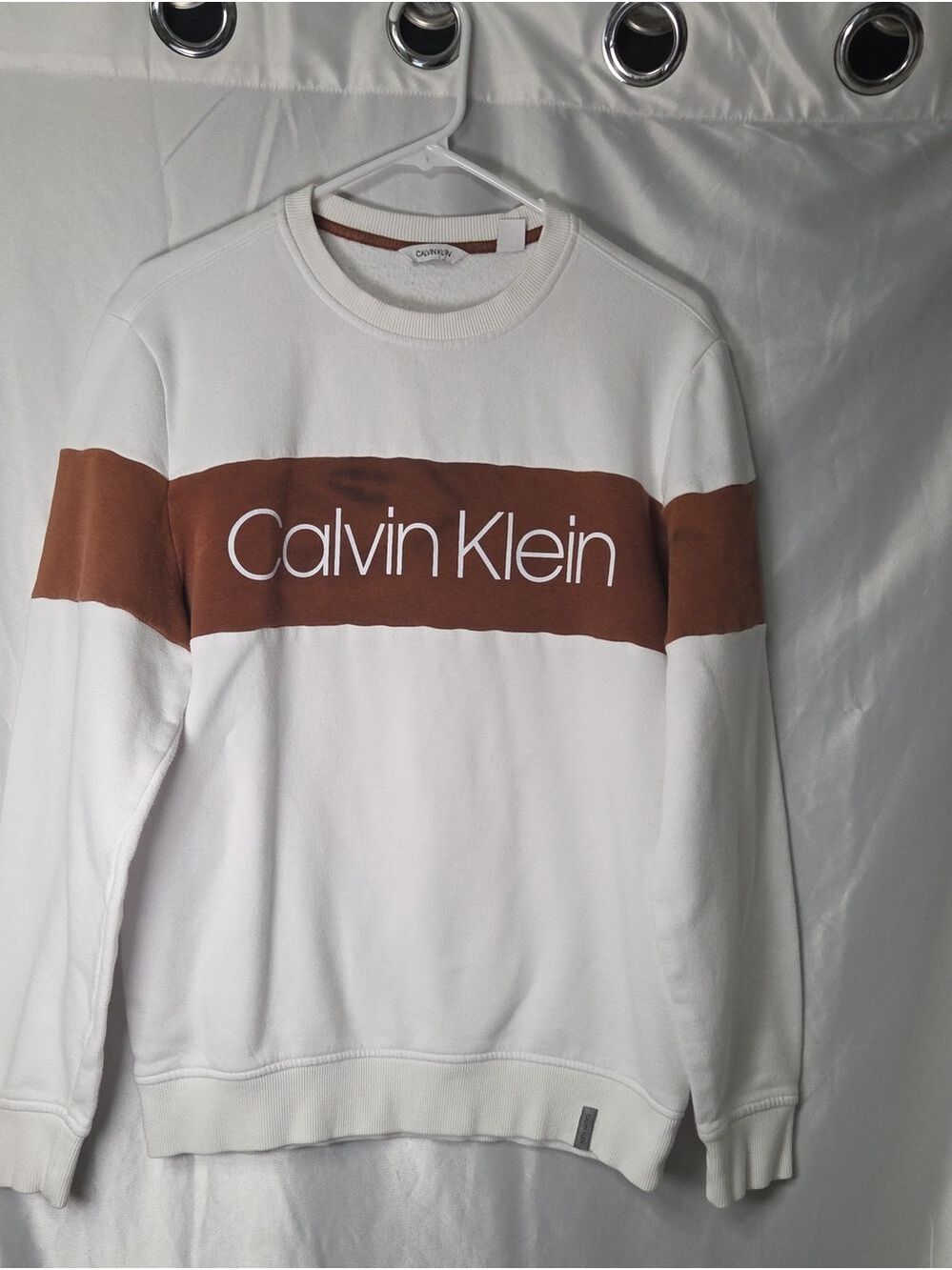 Calvin Klein Men's White Crewneck Sweatshirt Brown Logo Stripe Sz Medium [1507]